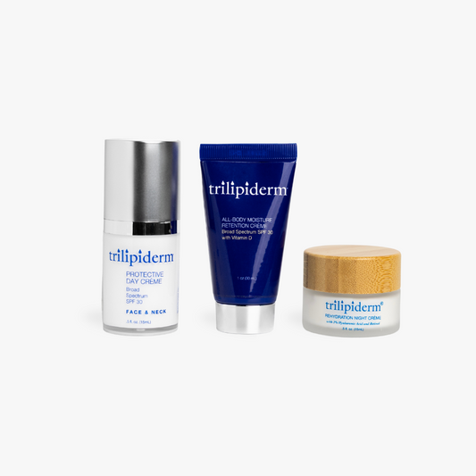 Three Trilipiderm skincare products on a white background