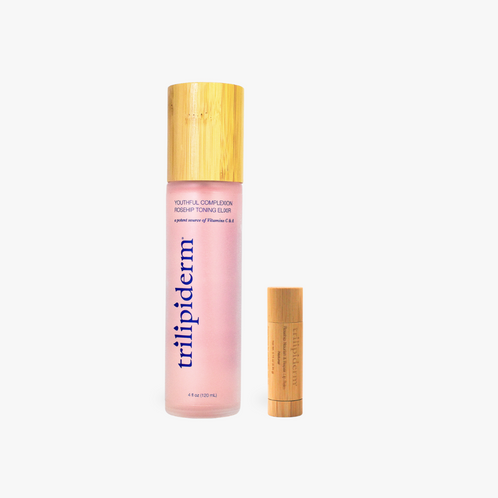 Trilipiderm skincare product with pink bottle and gold cap on a white background