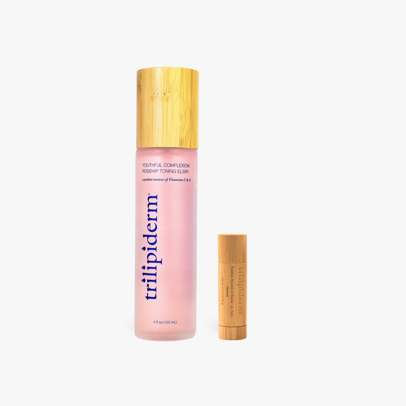 Trilipiderm skincare product with pink bottle and gold cap on a white background