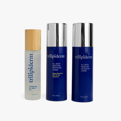 Three skincare products from the brand 'trilipiderm' on a white background
