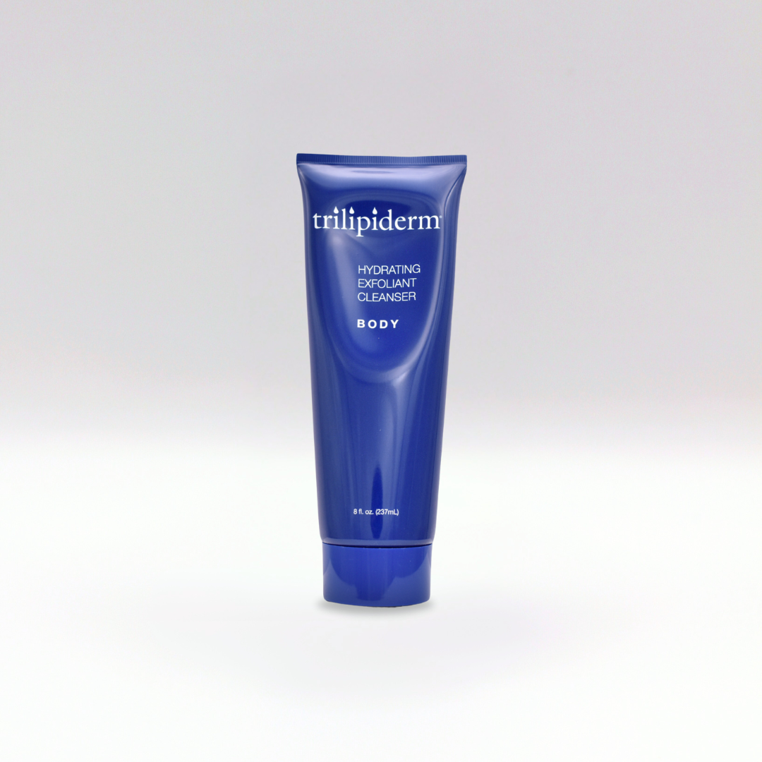 A blue tube of Trilipiderm Hydrating Exfoliant Cleanser for BODY placed against a white background.