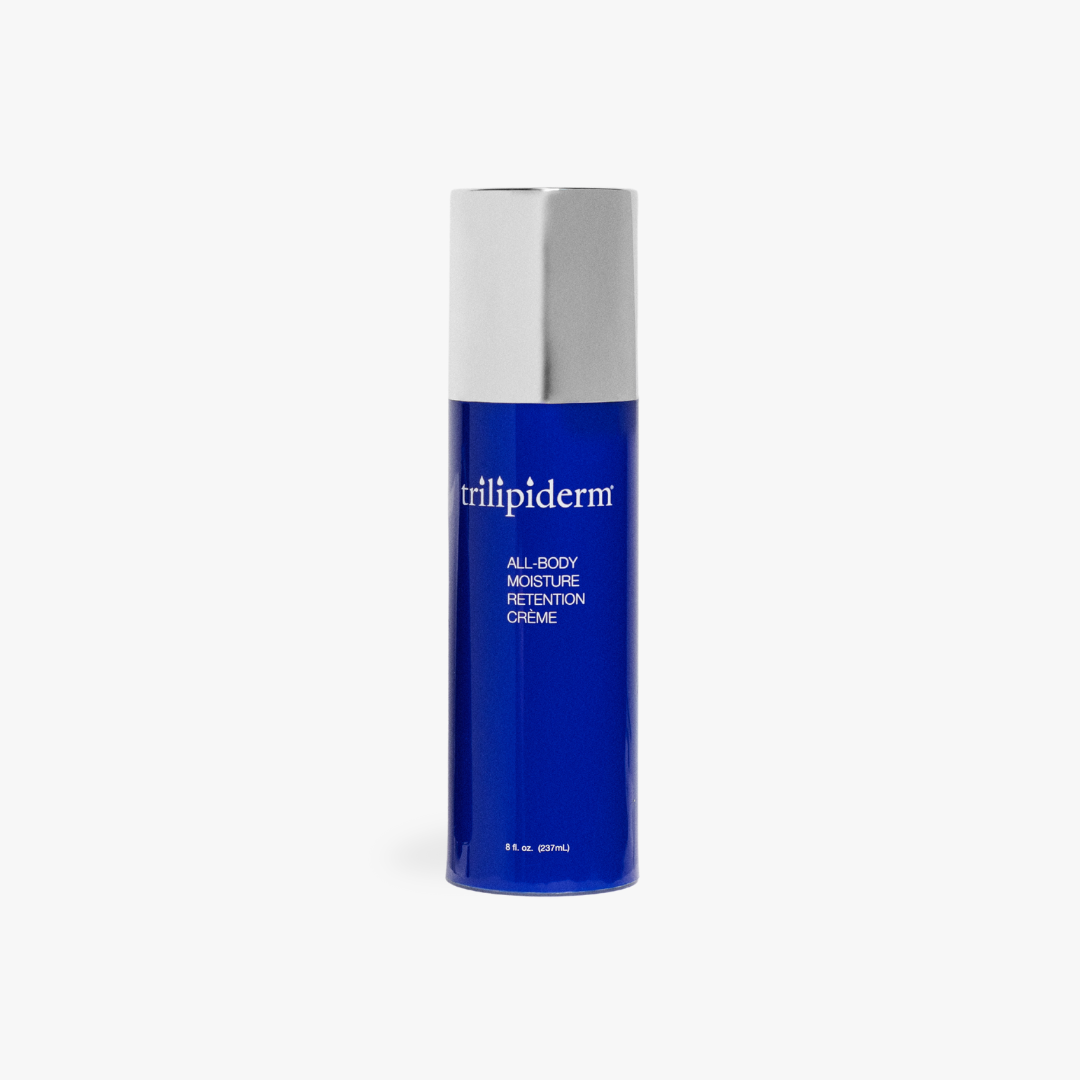 Blue skincare bottle with silver cap on a white background
