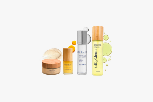Skincare products with 'triplipiderm' branding on a white background