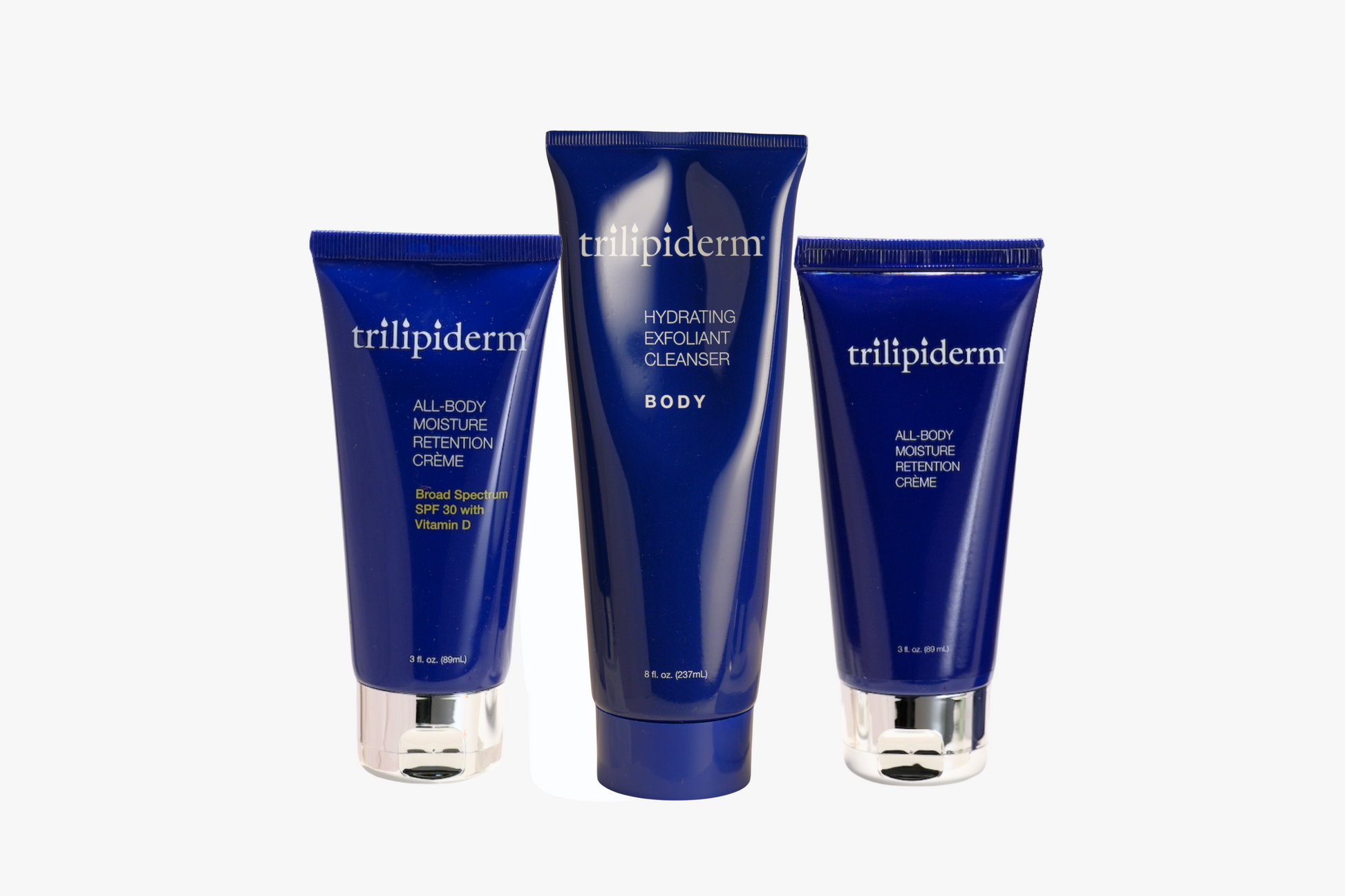 Three blue tubes of trillipiderm skincare products on a white background