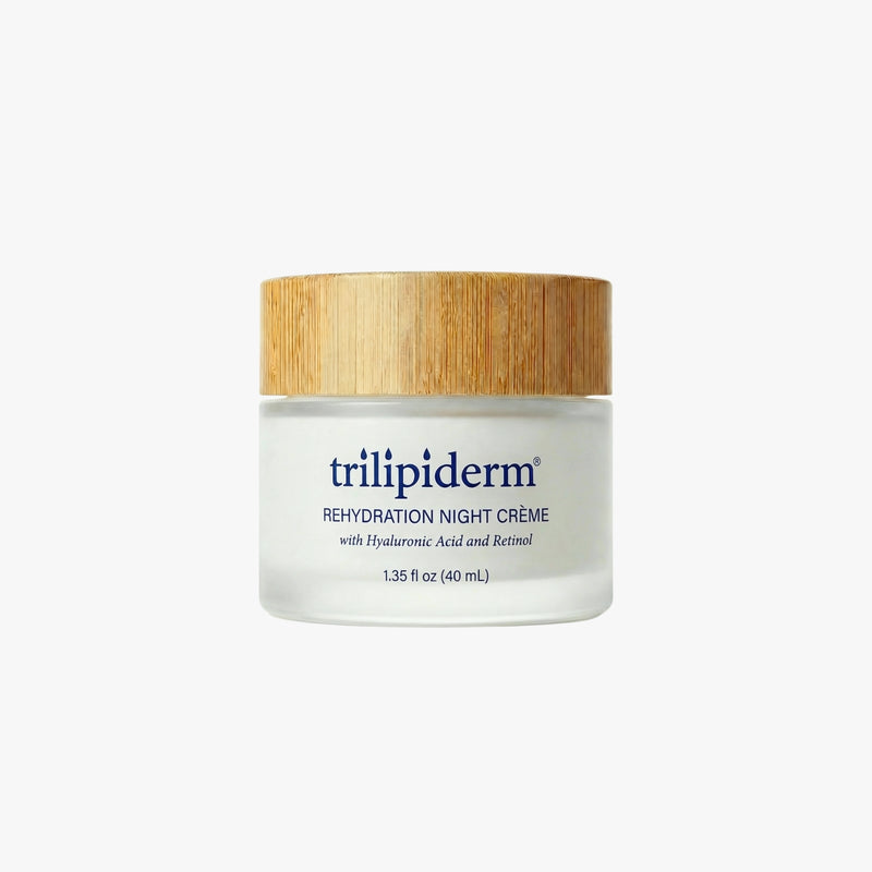 Trilipiderm Rehydration Night Crème in a frosted glass jar with bamboo lid on a clean white background—luxury overnight moisturizer with hyaluronic acid and retinol for deep hydration and smoother-looking skin.