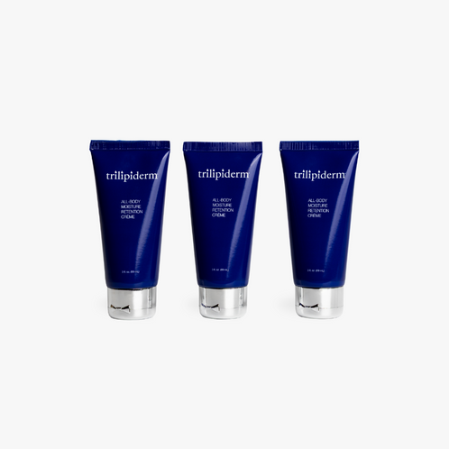 Three blue tubes of trillpiderm cream on a white background