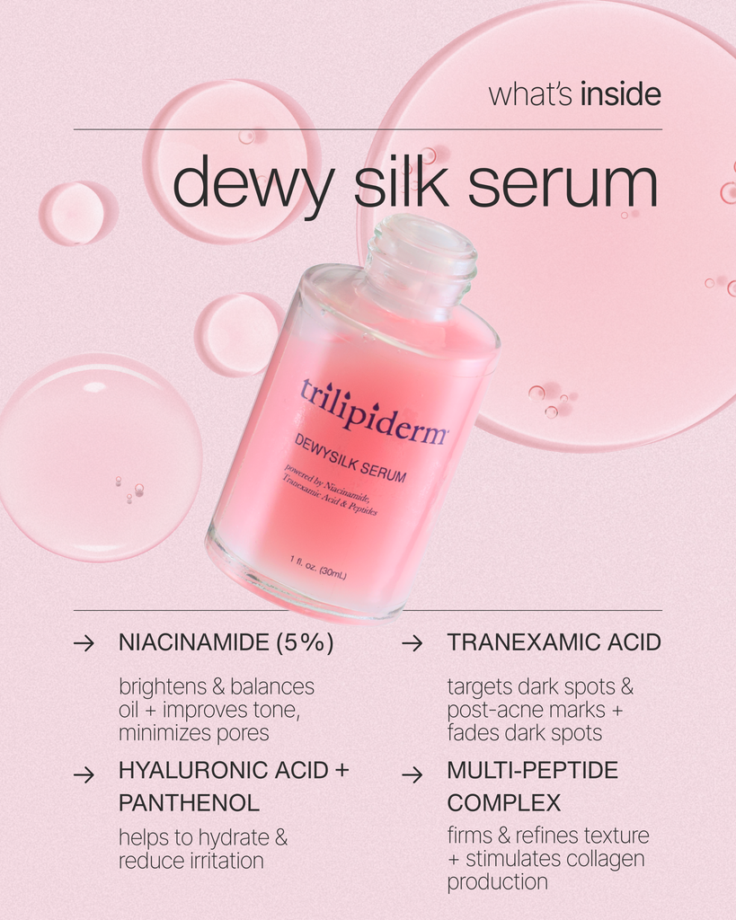 close-up of trilipiderm dewysilk serum ā pink, silky texture surrounded by translucent bubbles representing hydration and luminosity.