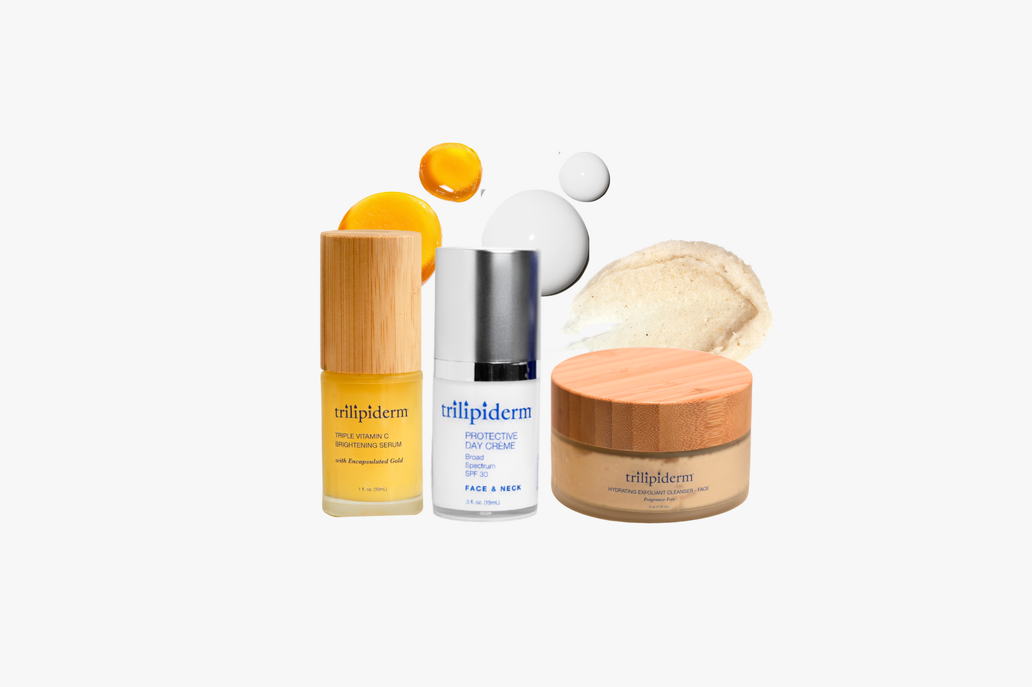 Three skincare products from the brand 'trillipiderm' on a white background