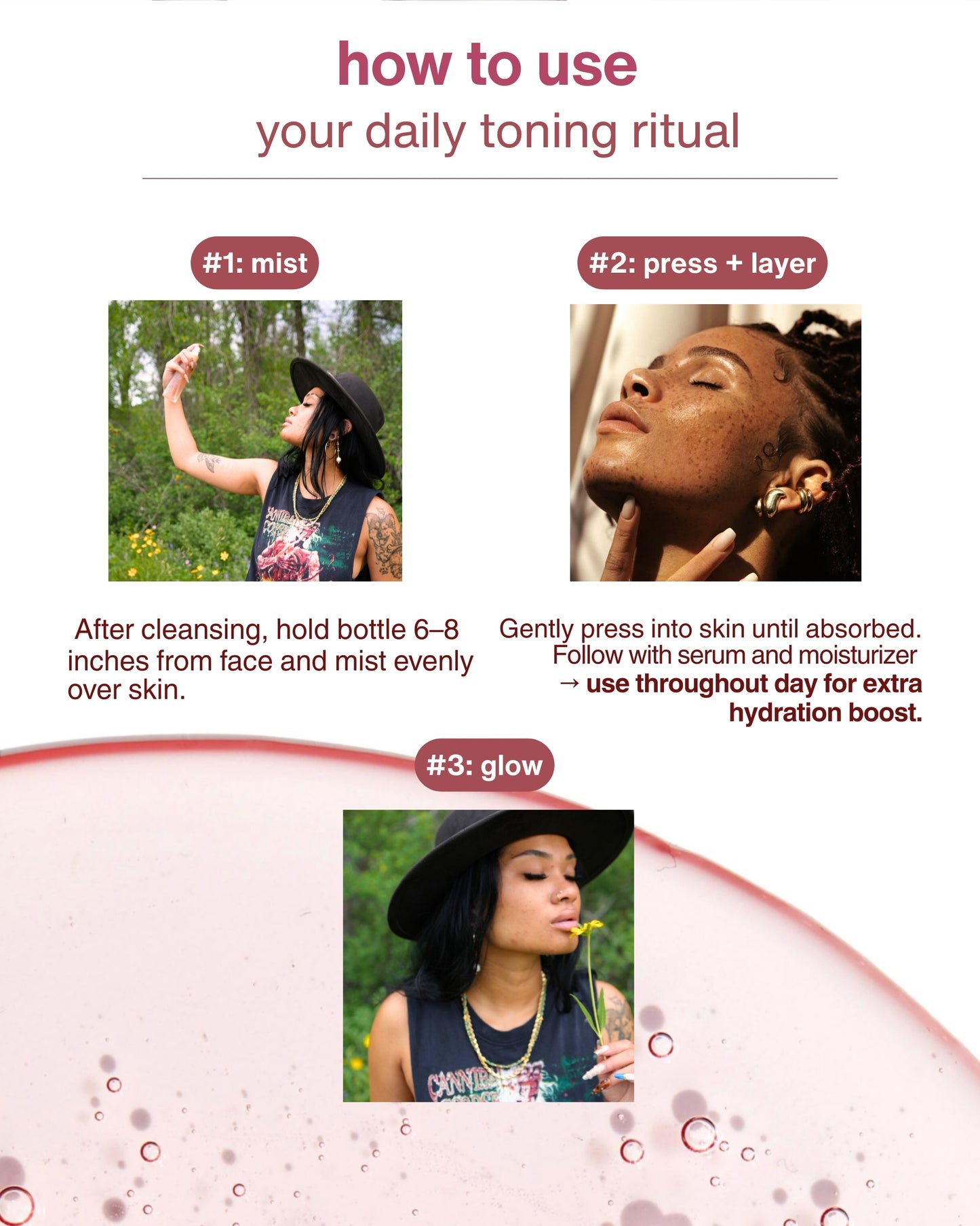 How to use Rosehip Facial Mist Hydrating Toner by Trilipiderm Skincare – step-by-step daily toning ritual infographic showing misting toner 6–8 inches from face, pressing product into skin to layer hydration, and achieving a natural dewy glow. Rosehip toning elixir spray designed for barrier support, lightweight hydration, luminosity, and all-day moisture boost. Luxury clean skincare toner suitable for all skin types, including sensitive skin. Daily facial mist routine for glow, hydration, and skin barrier