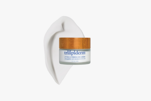 Trillpiderm cream jar with wooden cap on a white background and swatch