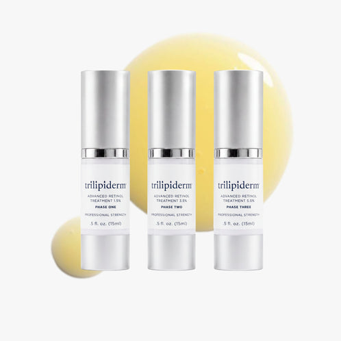 Trilipiderm Advanced Retinol Treatment 3-phase system: three silver pump bottles labeled Phase One 1.5%, Phase Two 3.5% and Phase Three 5.5%, each 0.5 fl oz, in front of golden retinol serum drops on a white background.