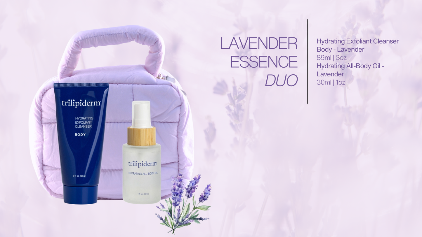 Trilipiderm Lavender Essence Duo banner with Hydrating All-Body Oil and Exfoliating Cleanser in soft lavender puffer pouch—calming, hydrating skincare for relaxation and glow.