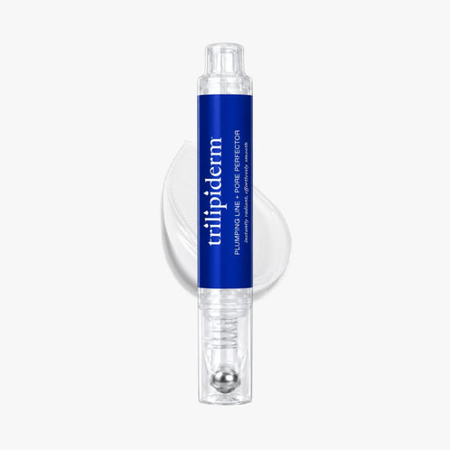 Trilipiderm Plumping Line + Pore Perfector, a peptide-infused pore-refining treatment designed to visibly smooth fine lines, minimize the appearance of enlarged pores, and improve skin texture. Features a sleek cobalt blue applicator with clear packaging, displayed over a white cream swatch on a clean studio background.