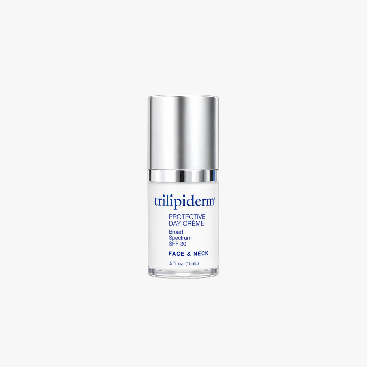 Trilipiderm Protective Day Crème Broad Spectrum SPF 30 mini face and neck sunscreen moisturizer, 0.5 fl. oz. (15 mL), photographed on a clean white studio background. The travel-size skincare bottle features a polished silver cap, white packaging, and deep blue Trilipiderm logo. This lightweight daily SPF moisturizer combines broad-spectrum sun protection with hydrating skincare benefits, making it a convenient size for travel and everyday sun protection. Copy alt text