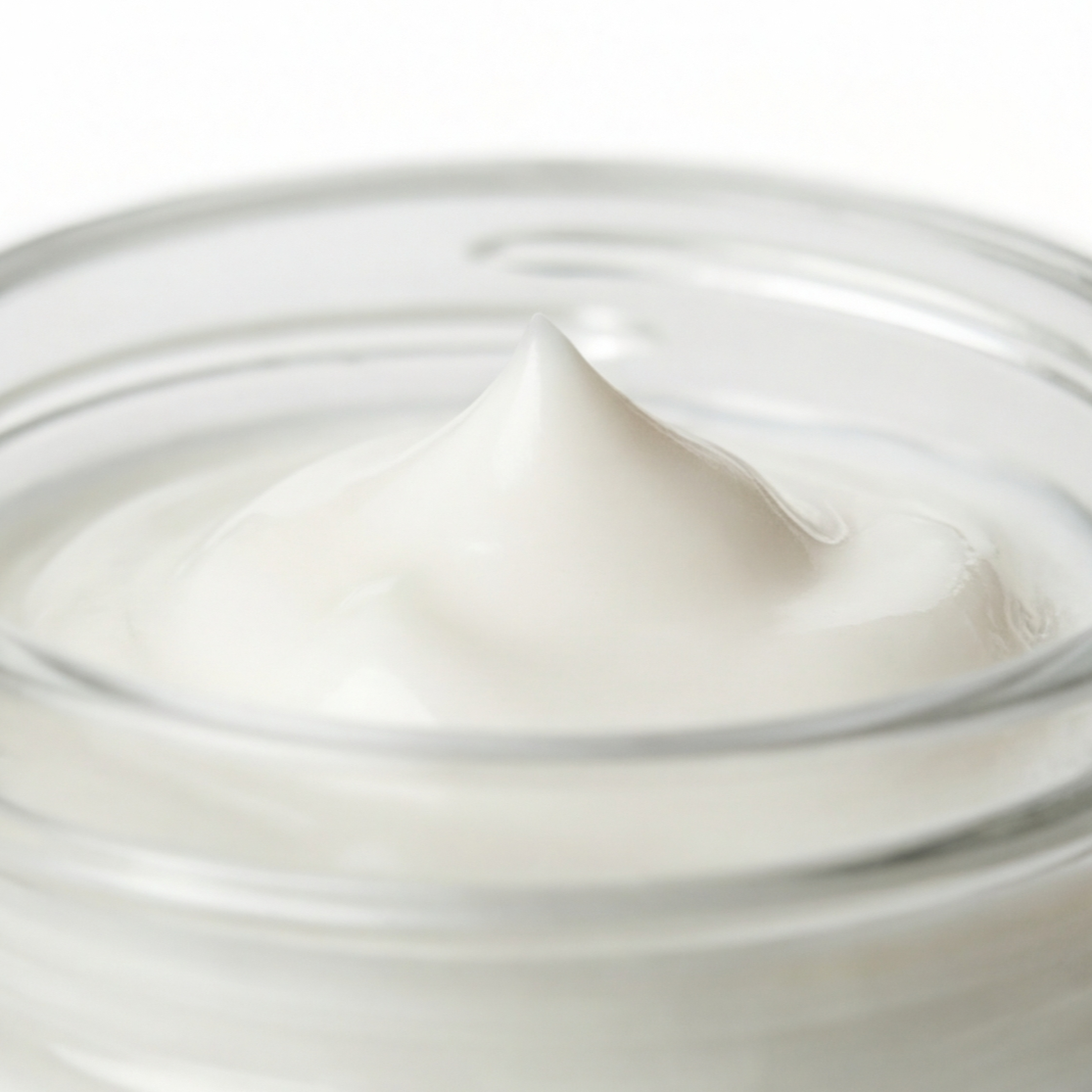Close-up of Trilipiderm Rehydration Night Crème texture in a clear glass jar, showing a smooth, velvety peak of cream with a soft glossy finish—rich overnight moisturizer with hyaluronic acid and retinol.