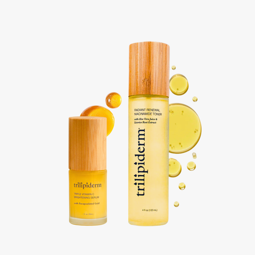 Trilipiderm Triple Vitamin C Brightening Serum and Radiant Renewal Niacinamide Toner with golden formula and bamboo caps and swatches