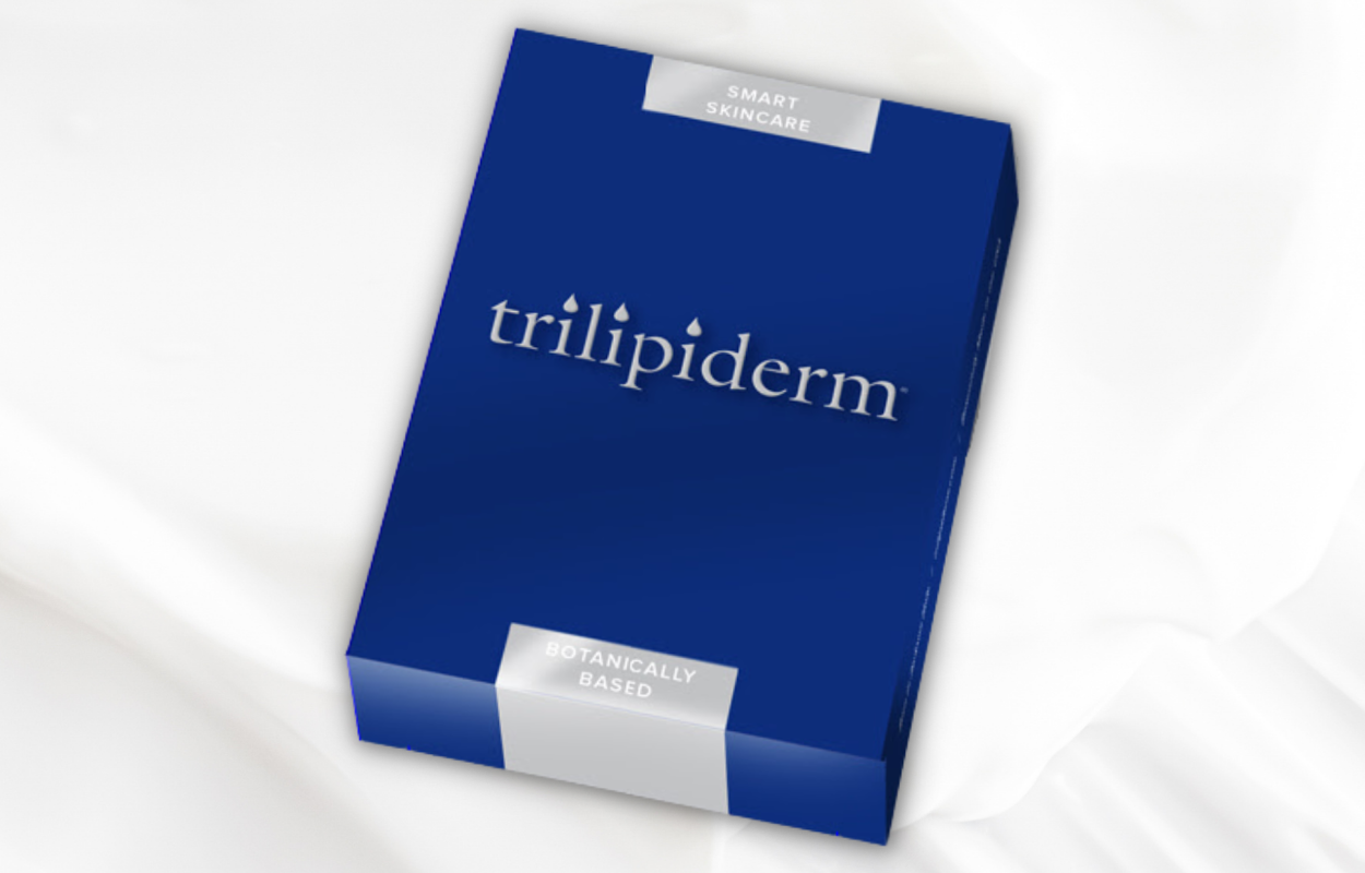 A blue box of Trilipiderm skin care product with the brand name visible on the packaging.
