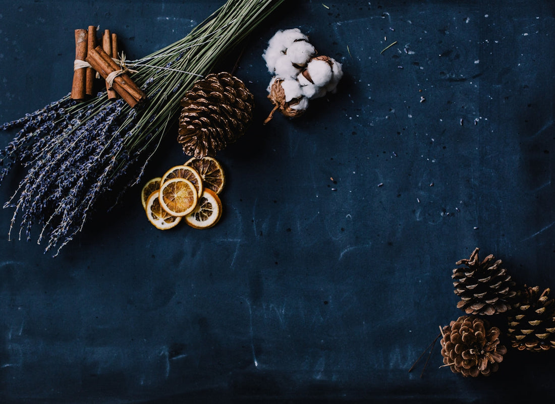 Flatlay of lavender, cinnamon sticks, pinecones, dried oranges, and cotton on dark background for fall aesthetic