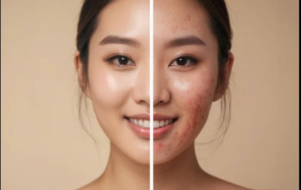 Split-face before and after comparison showing acne-prone skin on the right and clear, smooth skin on the left after treatment