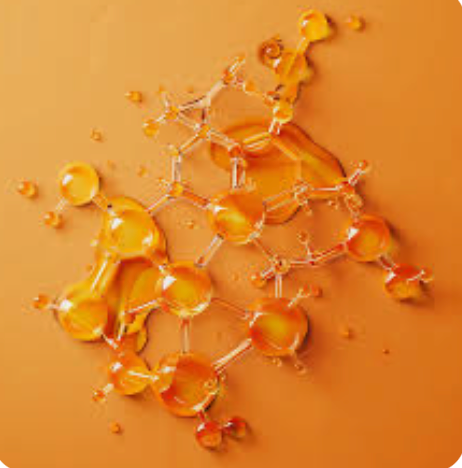 Golden ceramide lipid molecule structure illustrated with oil droplets on amber background — representing skin barrier repair and hydration science