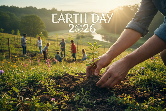 Hands planting a young tree seedling in a sunlit meadow with a group of people in the background, overlaid with the text 'Earth Day 2026