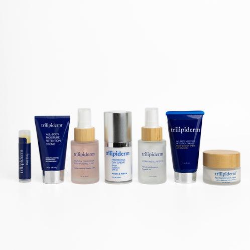 Trillipiderm skincare products on a white background