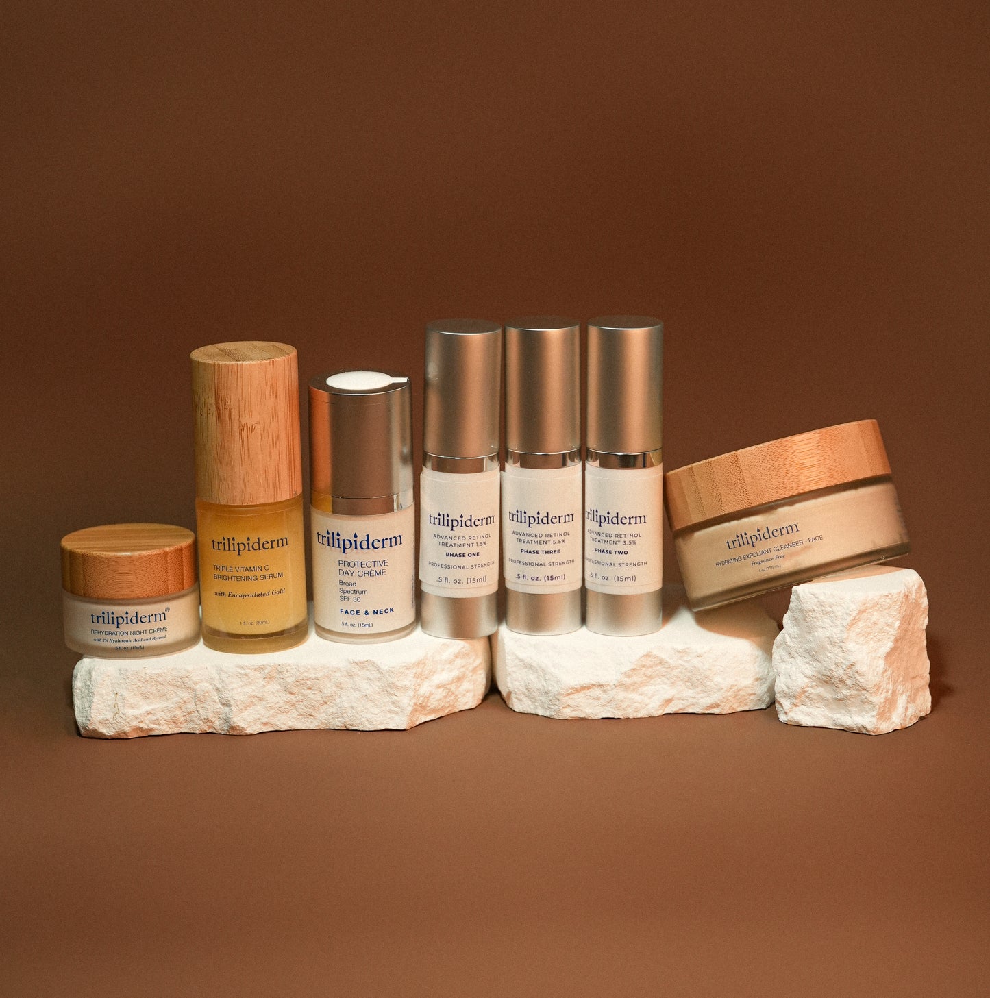 Trilipiderm Autumn Luxe Ritual skincare bundle featuring HEC Face Cleanser, Vitamin C Triple C Serum, Advanced Retinol Treatment, Rehydration Night Crème, and Protective Day Crème SPF30 — complete fall skincare routine for hydration, brightening, and anti-aging.