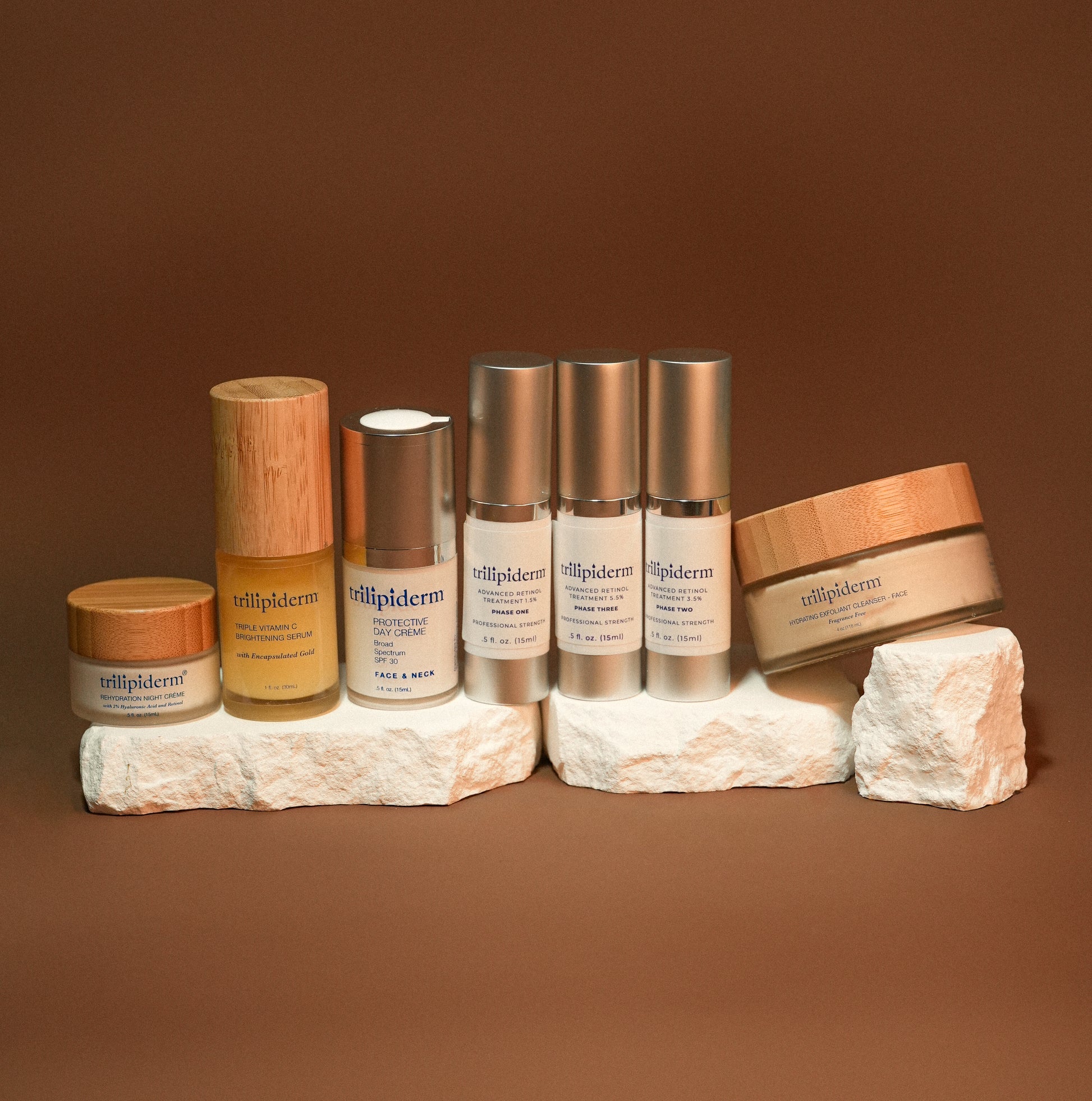Trilipiderm Autumn Luxe Ritual skincare bundle featuring HEC Face Cleanser, Vitamin C Triple C Serum, Advanced Retinol Treatment, Rehydration Night Crème, and Protective Day Crème SPF30 — complete fall skincare routine for hydration, brightening, and anti-aging.