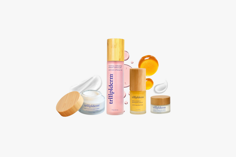 Collection of Trilipiderm skincare products with swatches on a white background