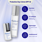 Two bottles of Tillipiderm Protective Day Crème SPF 30 with product features listed on a light purple background.