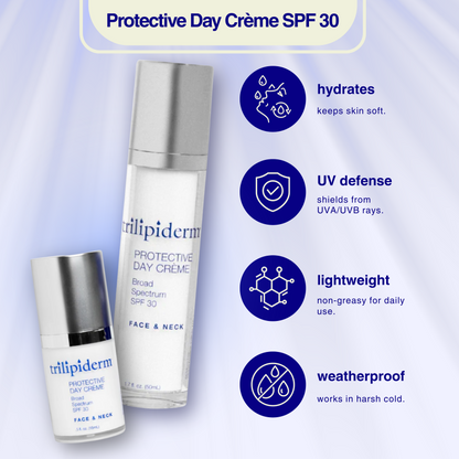Two bottles of Tillipiderm Protective Day Crème SPF 30 with product features listed on a light purple background.