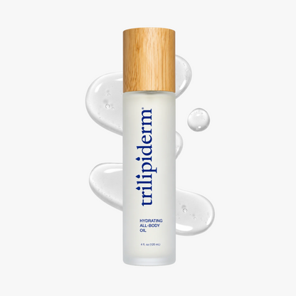 Trilipiderm Hydrating All-Body Oil, a 4 fl oz glow body oil with squalane and vitamins A, C and E in a frosted glass bottle with a bamboo cap, shown with clear, lightweight oil swatches.