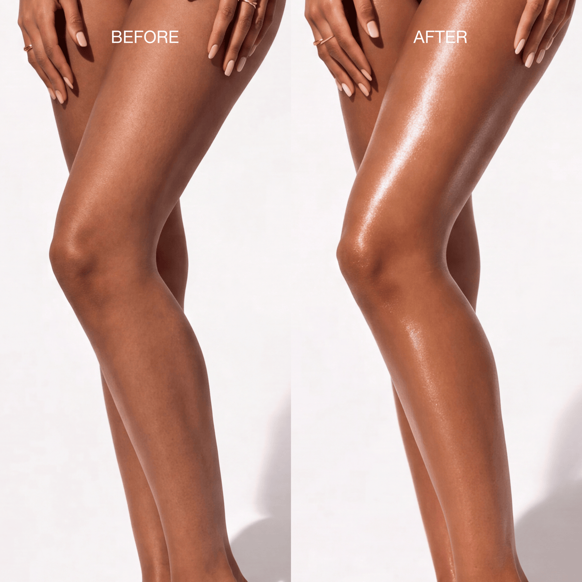 Before and after comparison showing dry, dull skin transformed into visibly hydrated, smooth, glowing skin with Trilipiderm Hydrating All-Body Oil.