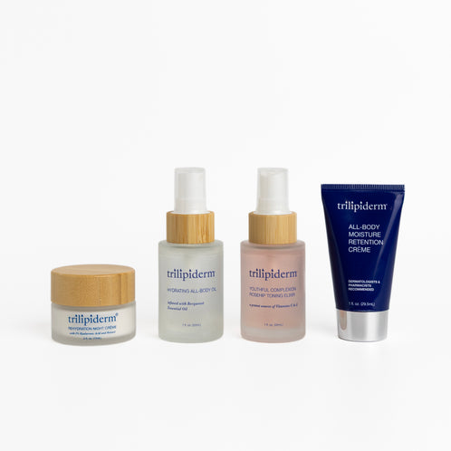 Four Trillipiderm skincare products on a white background