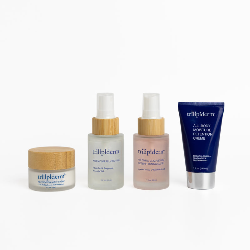 Four Trillipiderm skincare products on a white background