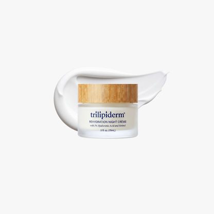 Alt text:
Trilipiderm Rehydration Night Crème overnight recovery formula graphic featuring the luxury frosted glass jar, bamboo cap, and rich crème texture with hyaluronic acid and retinol to replenish moisture, support the skin barrier, and leave skin visibly smoother by morning.
