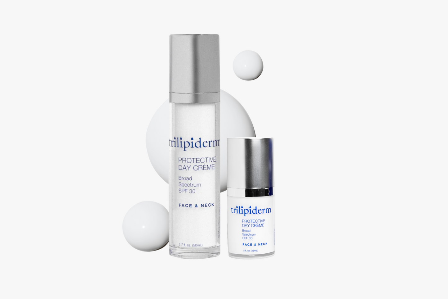 Trilipiderm Protective Day Crème SPF 30 full-size 3 oz jar with protective lid, lightweight daily moisturizer that hydrates, defends against UV rays, and supports skin barrier health. Includes creamy swatch showing smooth, non-greasy texture. Best sunscreen moisturizer for everyday hydration and sun protection.