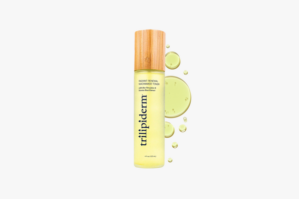Tripliderm skincare bottle with bamboo cap on a white background and swatch