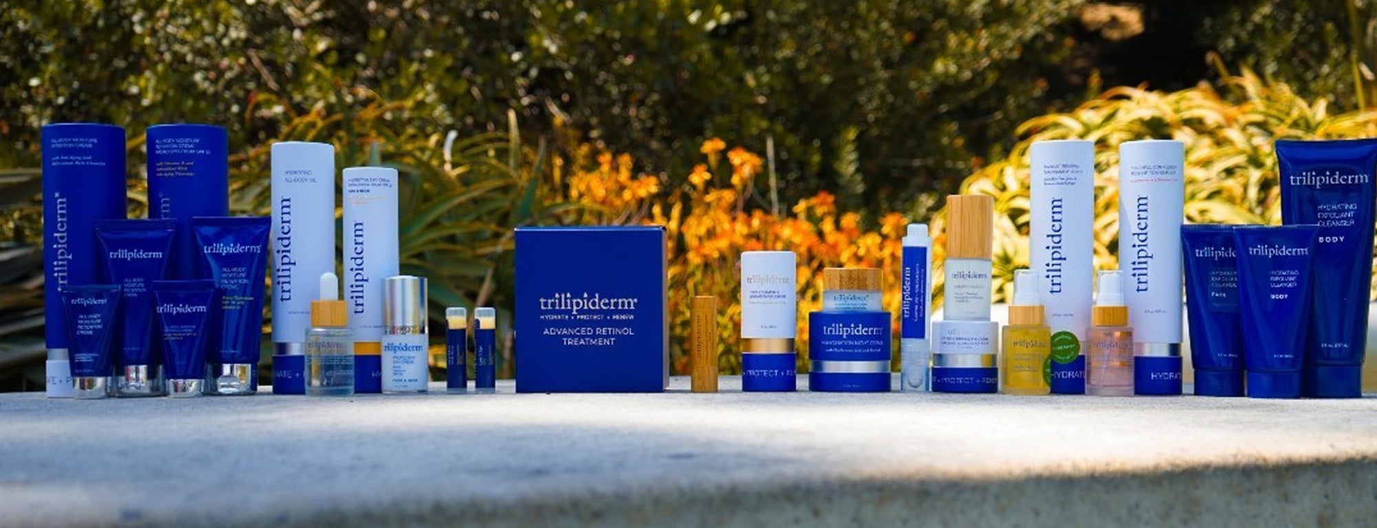 Collection of trilipiderm products on a stone surface with a blurred natural background.