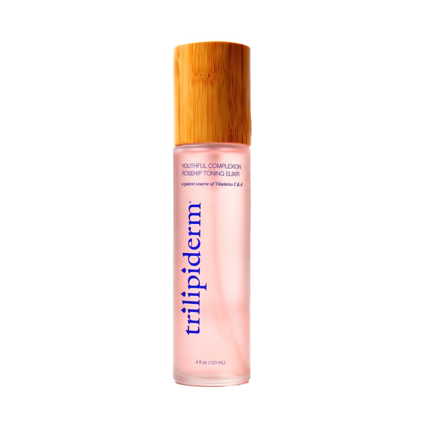 Trilipiderm Youthful Complexion Rosehip Toning Elixir 4 oz hydrating facial toner mist in frosted blush glass bottle with bamboo cap. Antioxidant-rich rosehip extract with Vitamins C & A designed to enhance skin barrier support, smooth texture, and deliver lightweight glow-ready hydration. Luxury glass-skin mist for daily skincare routine.