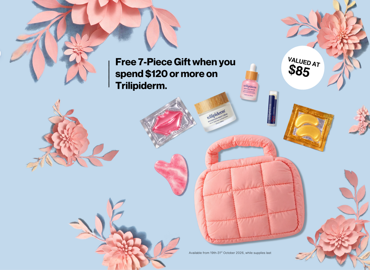 A promotional flat lay on a light blue background featuring a pink quilted cosmetic pouch, a pink lip-shaped item, a white jar with a gold lid, a small pink bottle, a dark blue tube, and a gold packet, surrounded by pink floral illustrations. Text reads: 'Free 7-Piece Gift when you spend $120 or more on Trilipiderm.