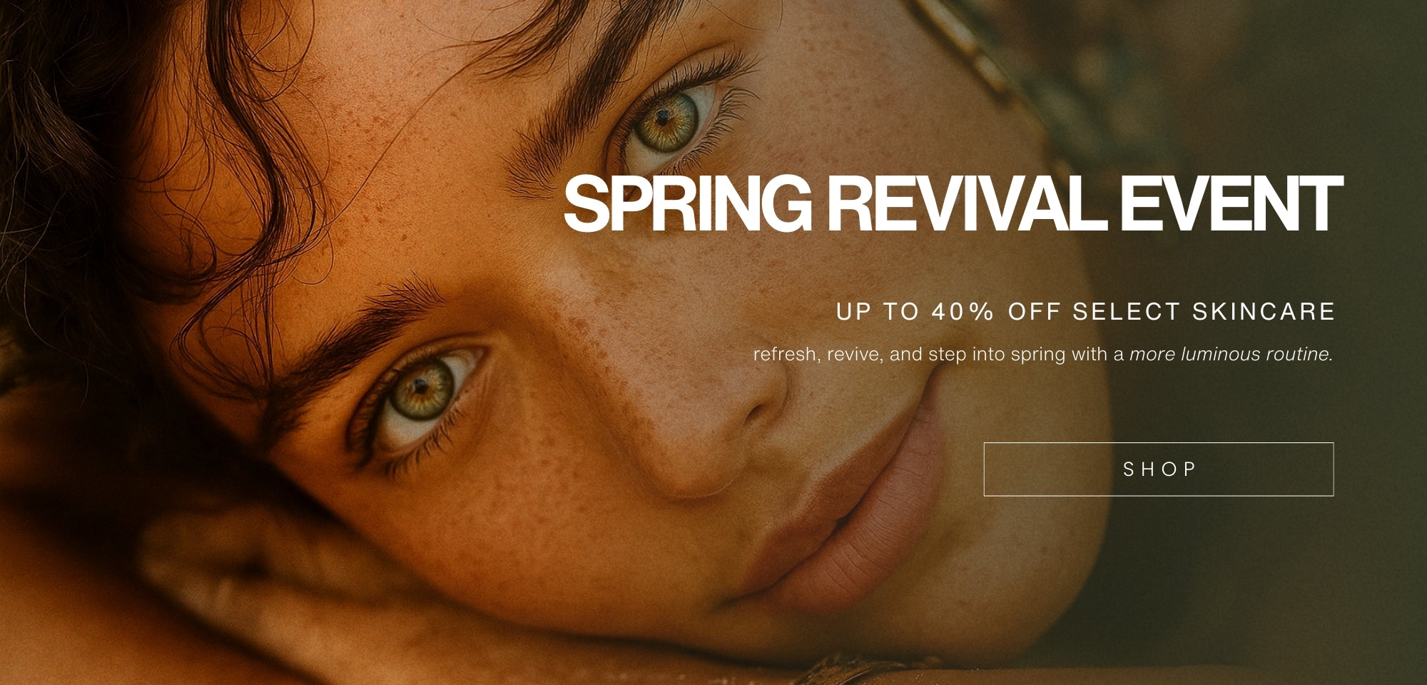 Trilipiderm Spring Revival Event website banner featuring a freckled model with glowing skin promoting up to 40% off select skincare and inviting shoppers to refresh and revive their routine for spring.