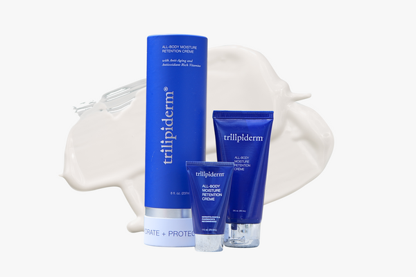 Trillipiderm skincare products on a white background and swatch