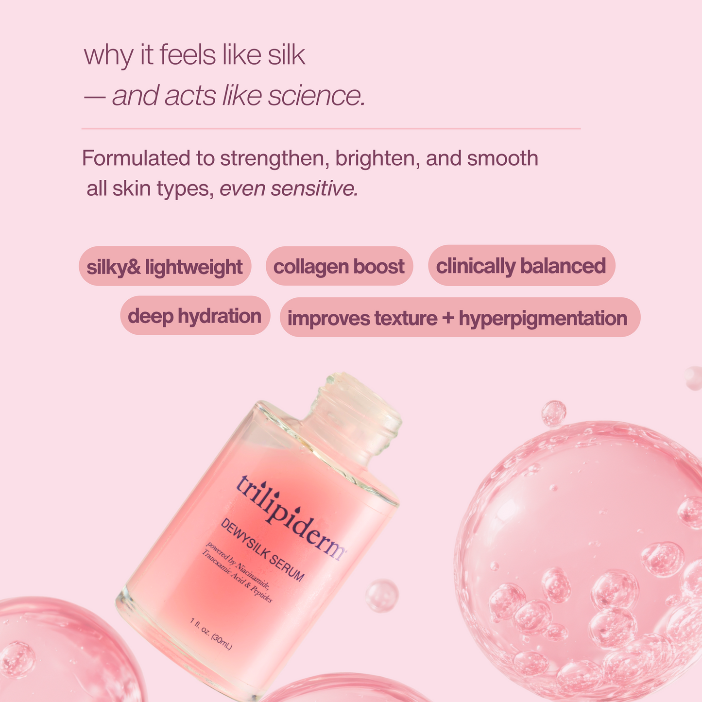 DewySilk Serum by Trilipiderm — a lightweight glass skin serum with Niacinamide and Ceramides that delivers deep hydration, barrier repair, and a luminous dewy glow finish