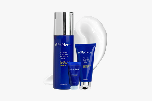 Trilliderm skincare product set on a white background with swatch