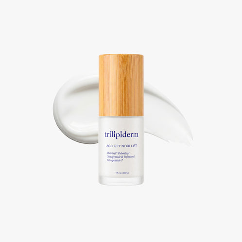 Trilipiderm AgeDefy Neck Lift, a 1 fl oz Matrixyl 3000 peptide firming neck cream in a frosted glass bottle with a bamboo cap, shown with a rich white cream swatch.