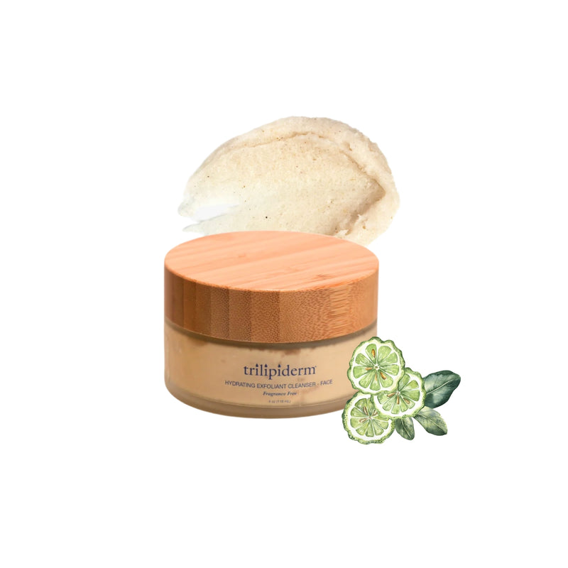 Hydrating Exfoliant Cleanser Face by Trilipiderm displayed in a luxury skincare product shot, featuring a sleek frosted glass bottle with bamboo cap surrounded by fresh bergamot slices and botanical elements. This gentle exfoliating cleanser is infused with bergamot essential oil, plant-based exfoliants, Montan wax esters, yucca extract, and bentonite clay to smooth texture, refine pores, and deeply cleanse without stripping the skin barrier. Dermatologist-formulated for sensitive skin, promoting hydrated, 