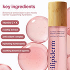 Trilipiderm Youthful Rosehip Toning Elixir ingredient infographic featuring frosted pink glass toner bottle with bamboo cap and translucent rose spheres on white background. Key ingredients include Vitamins C + A, rosehip extract, antioxidant complex, hydrating humectants, and soothing botanical agents. Hydrating facial mist toner designed for barrier repair, collagen support, and antioxidant protection for all skin types including sensitive.