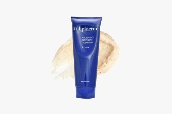 Blue tube of trillipiderm body cleanser on a white background