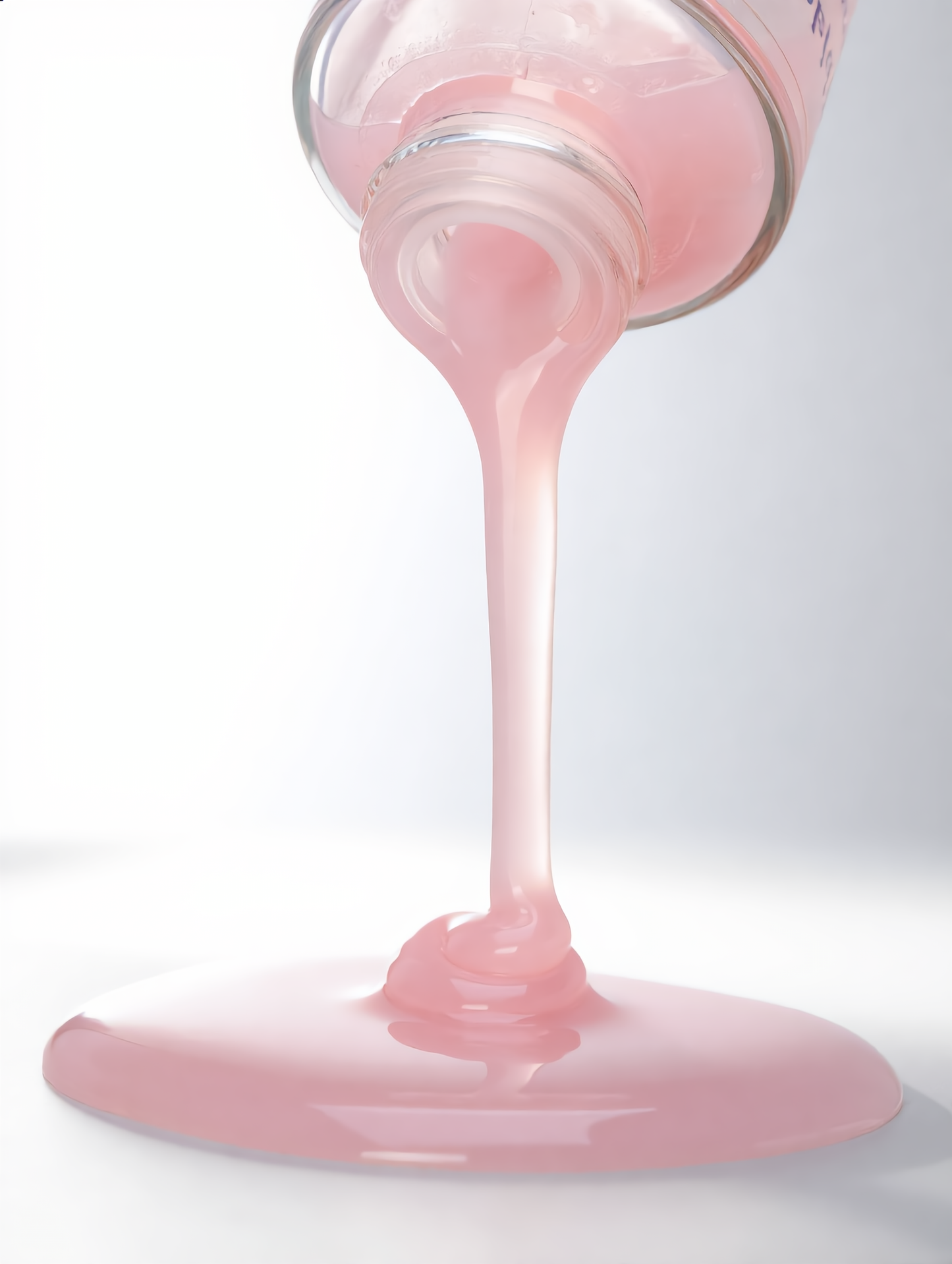 DewySilk Serum dripping swatch, glossy pink gel-serum texture with high-shine finish, shown in a smooth ribbon drop to highlight slip, lightweight hydration, and glass-skin glow.